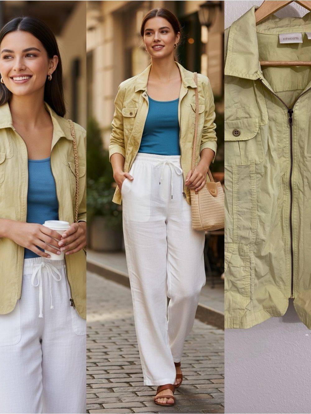 Chico’s Light Yellow Utility Jacket 3 or xl Zip Front Cotton Blend Safari Jacket